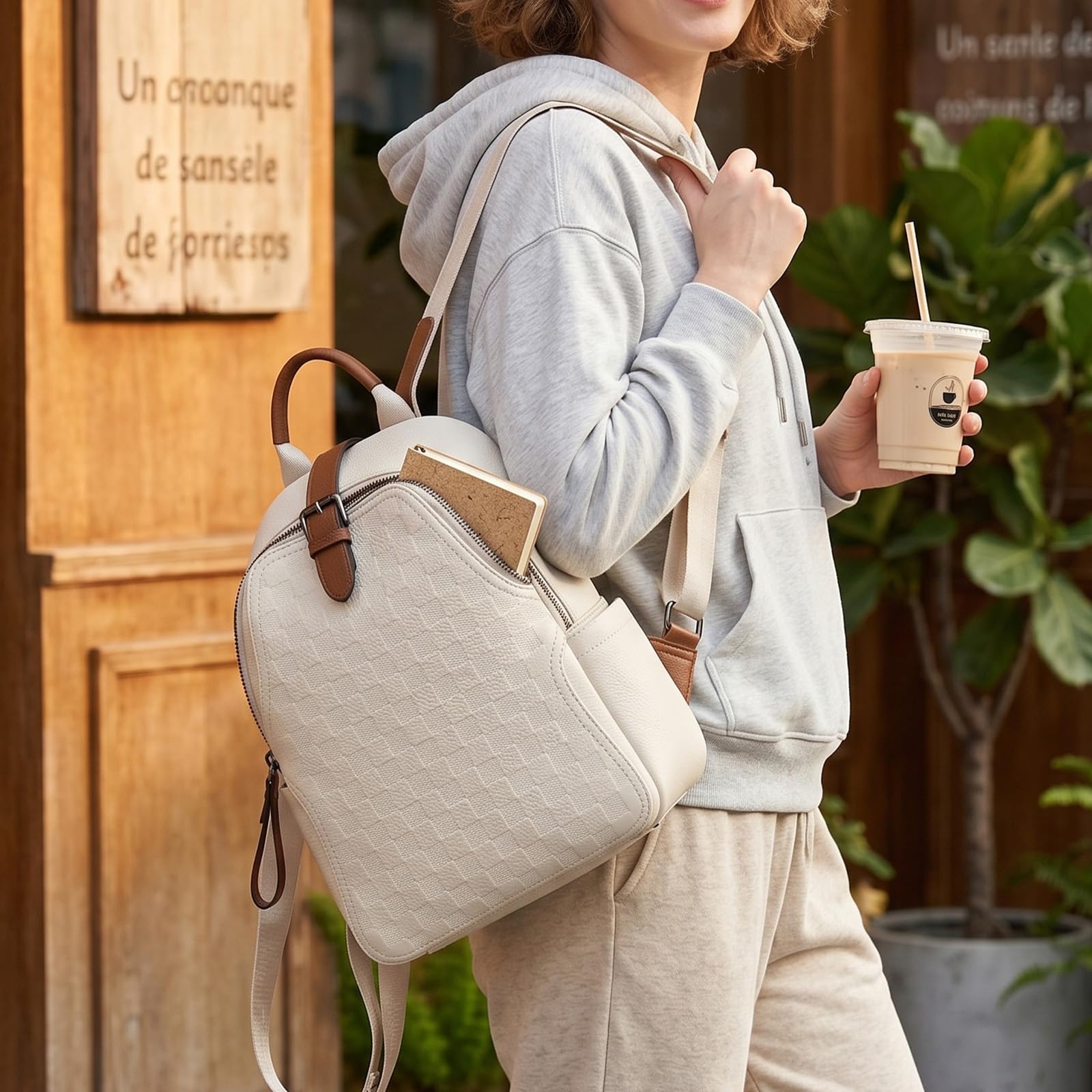 Leather Work Womens Backpack - Women Embossed Checkered PU Leather Backpack,
