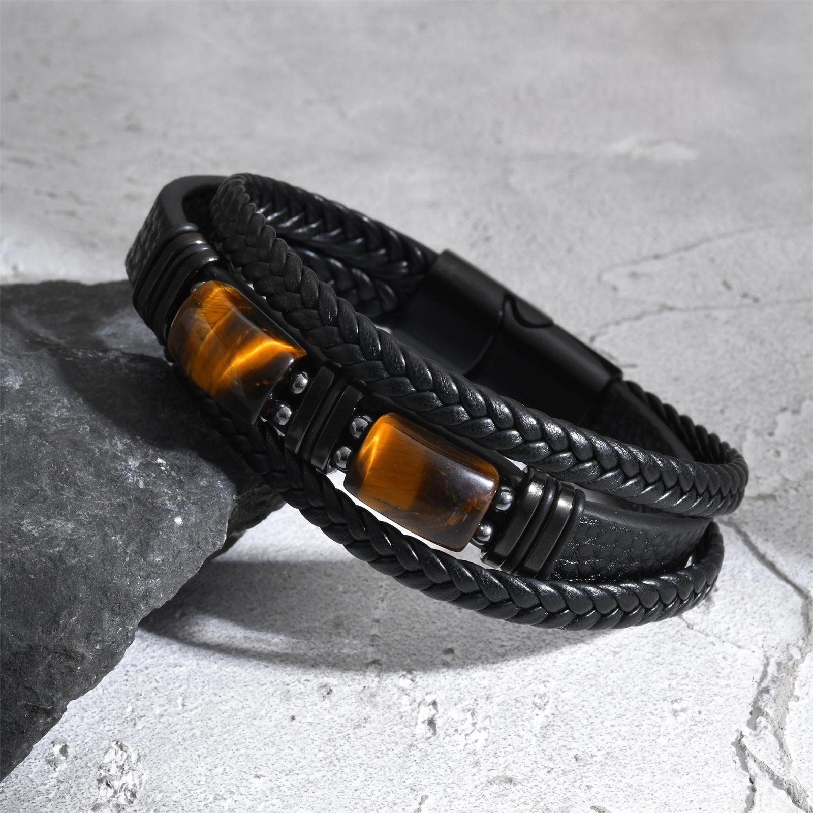 Leatherwork Logo - Men Braided Leather Bangle Tiger Eye